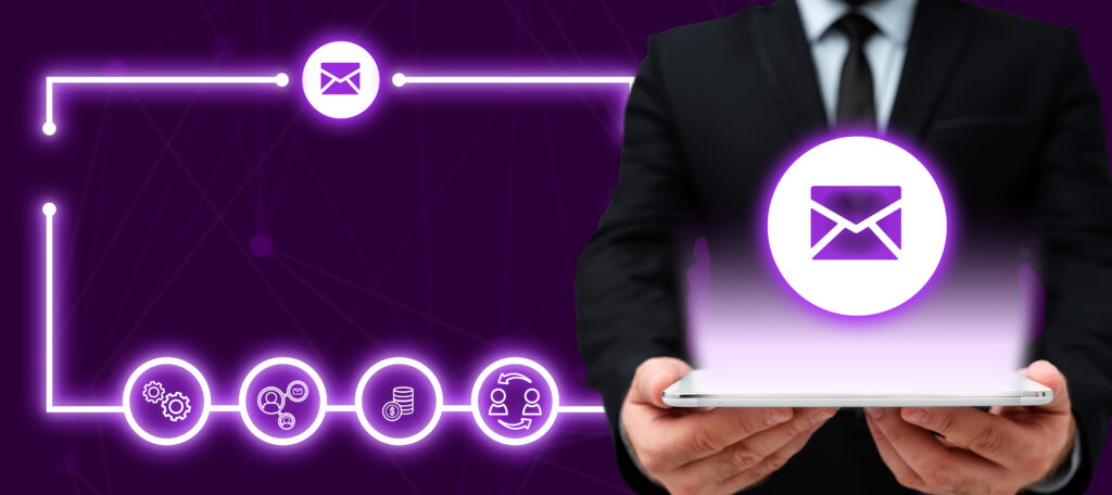 Man sitting at the table with laptop. Big white speech bubble for text overhead. Empty Dialog box on bright colored background. email marketing